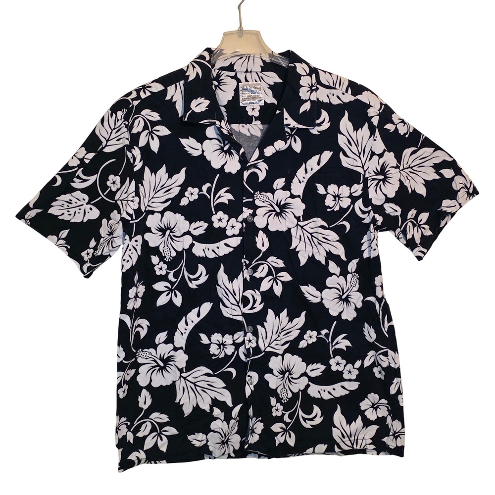 Mens Navy Blue White Floral Hawaiian Shirt Print Short Sleeve Made In Hawaii XXL